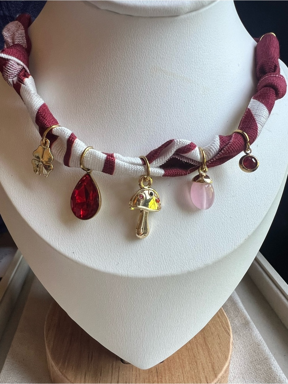 Gold Mushroom & Gem Charm Necklace - Burgundy and White NWOT